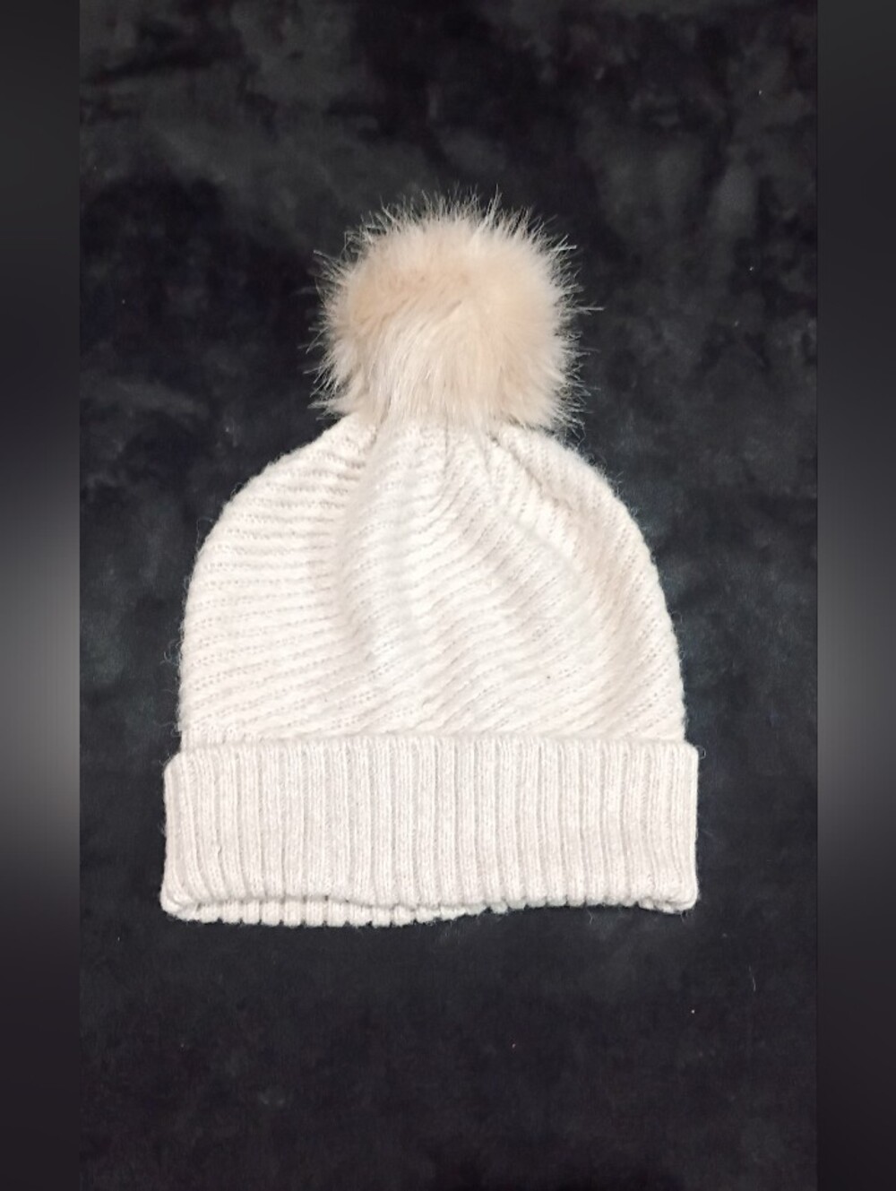 Aldo Cream Ribbed Knit Pom Pom Beanie Hat